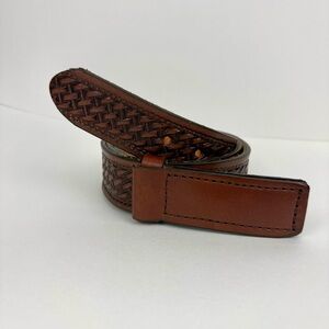 Mens Brown Full Grain Leather Basketweave Belt Hidden Prong Buckle Size 38